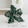 Flor de Navidad de terciopelo verde oscuro de 22cm con purpurina plateada y perlas - Verde