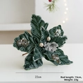 22cm dark green velvet Christmas flower with silver glitter edges and sparkling beads - Green