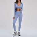 Ensemble de yoga 3 pièces bleu clair avec veste zippée, brassière et legging sport - S / Veste + Soutien-gorge-1 + Leggings (3 pcs) - Bleu Gris