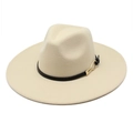 Classic cream wool wide brim fedora hat with black leather band and gold buckle - M (56-58cm) / Beige