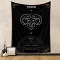Bohemian black Aries zodiac wall tapestry with white line art and golden constellation details - Aries