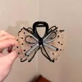 Beige polka dot mesh hair claw clip with black bow and rhinestone details - Polka Dot Bow-Champagne Claw Clip 8CM