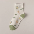 White and green cotton crew socks featuring cute cartoon avocado and fruit patterns - Fork Avocado