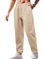 Detail of men's casual beige pants featuring an elastic drawstring waistband and woven fabric - S / Bottoms / Khaki
