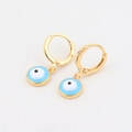 Golden hoop earrings featuring blue and white Evil Eye charms on white background - Round / Light Blue
