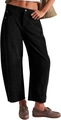 Women's black corduroy wide leg pants with high waist and relaxed straight fit - S / Black With Rivets