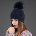 Navy blue double-layer wool beanie featuring chunky cable knit and real fur pompom - Navy Blue + Navy Blue Pom-pom