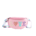 Pink sequin kids fanny pack with LOVE lettering and colorful rainbow strap - Pink