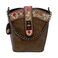 Brown bucket bag with floral embroidery and vintage chain strap in light coffee finish - Brown