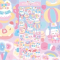 Detail of cute amusement park cartoon stickers featuring pink and blue animals and rides - Amusement Park
