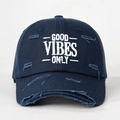 Detail of distressed navy baseball cap with white Good Vibes Only embroidery - One Size / Navy Blue
