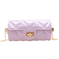 Purple quilted cylinder jelly bag with gold chain strap and pearl details on white background - Violet