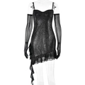 Sparkly black sequin mini dress with spaghetti straps and matching mesh gloves - L / Black