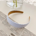 French vintage light blue and white plaid fabric headband with brown velvet lining - Blue Plaid