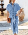 Detail of light blue denim midi shirt dress featuring waist tie and pleated slit skirt - S / Blue