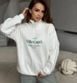 Λεπτομέρεια λευκό oversize φούτερ με τύπωμα Villa Capri και γιακά με φερμουάρ - S / Λευκό (Λεπτό)