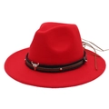 Detail of red fedora hat featuring black braided band and silver buffalo skull ornament - Red
