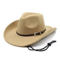Detail of camel wool felt cowboy hat with vintage buckle and adjustable wind cord - M(56-58cm) / Camel