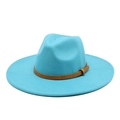 Detail of teal fedora hat showing textured brown leather band and metallic buckle - M (56-58cm) / Lake Blue