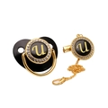 Detail of luxury black and gold pacifier with rhinestone letter U and matching chain clip - Letter U