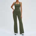 Ensemble de yoga côtelé vert olive avec brassière dos nu et pantalon évasé taille haute - S / Vert Armée (Dos Croisé)