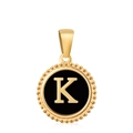 Classic 18K gold plated round pendant featuring a black enamel letter K and beaded edge - Letter K