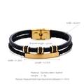 Men's double-layered braided leather bracelet with black and gold stainless steel plate - Gold & Black Plate (W-18-1)