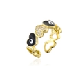 Detailed view of evil eye heart ring with gold plating and zircon stone accents - Adjustable Open / Black