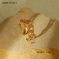 Detail view of gold stainless steel ring with peach stone beads and product dimensions - Vertical Texture Inlaid With Peach Small Beads Style (NMSR-H129-1)