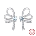 Elegant S925 sterling silver bow earrings with heart-shaped crystal and zircon stones - Heart Bow Earrings SE407-P / Silver