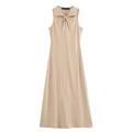 Beigefarbenes ärmelloses Midikleid mit geknotetem Ausschnitt und Cut-out-Detail - S / Khaki