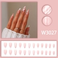 Winter press-on nails with pink and white snowflake art and French tip almond shape design - W3027