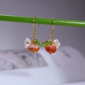 Handmade orange pumpkin flower earrings with green leaf charms on gold hooks - Single Pumpkin Pendant Style (FN1015)