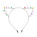 Close-up of a silver cat ear headband featuring various colorful hanging bells and protectors - FG071 Silver