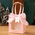 Pink gift bag with transparent window, satin bow and Wedding Day tag detail - Pink + Wedding Tag