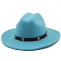 Teal polyester fedora hat with flat brim and black studded band for men and women - M(56-58cm) / Lake Blue