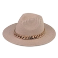 Close-up of pink straw fedora hat featuring a chunky gold chain strap decoration - Adult 57-60cm / Light Pink