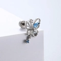 Silver butterfly key earring with blue and clear gems on white display base - Butterfly Key Blue White Zircon Style (A64-2#)