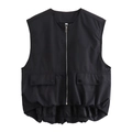 Women fashion black utility vest with zipper pockets and stylish ruffled hem design - S / Black