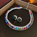 Colorful square crystal necklace and dark green stud earrings set in a luxury jewelry box - Necklace And Earrings - Colorful (Two-Piece Set)