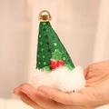 Green sequined Christmas tree hat hair clip with gold bell and white plush trim - Green Sequin Clip