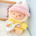 Labubu doll in pink knit hat, yellow sweater and carrot bag accessory for collectors - Japanese-style Handmade Pink And Yellow Three-piece Set / First And Second Generation Keychains Are Compatible With La Cloth Dolls. Dolls Not Included.