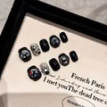 Handmade press-on nails featuring cute black cat designs and silver glitter on short round tips - XS / Short Round Style (2247)