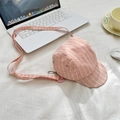 Close-up of pink and yellow striped hat-shaped crossbody bag with metal eyelets - Pink Yellow