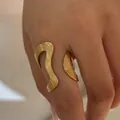Adjustable golden stainless steel open ring with wide wave shape and brushed texture - Irregular Wave Style (KB771) / Gold