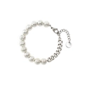 Detail of beaded Cuban link bracelet with volcanic texture silver beads and lobster clasp - Silver Stainless Steel Lava Stone