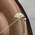 Golden vintage hair pin with fan-shaped crane design and pearl tassels on leather - Bamboo and Bird Fan Hairpin