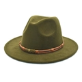 Detail view of army green fedora featuring a braided leather band and skull metal ornament - M (56-58cm) / Army Green