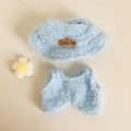 Blaues Plüsch-Puppenoutfit mit Smile-Hut und Weste für 17cm Vinyl-Plüschfiguren - Blauer Fischerhut, Einteiler & Blumenclip Set / Passend für 17cm Puppen