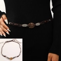 Hand-woven dark brown bohemian waist belt with silver floral beads and wooden accents - Antique Silver